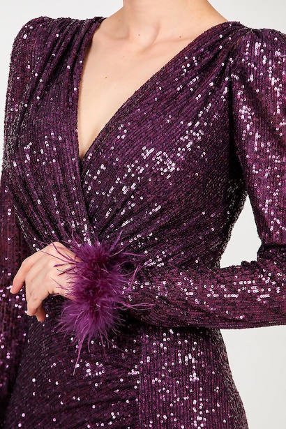 Kadın Kol Ucu Tüylü Uzun Pullu Abiye  Mor 9