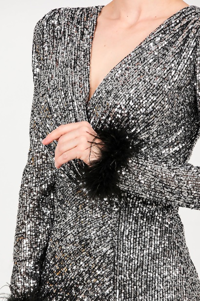 Kadın Kol Ucu Tüylü Uzun Pullu Abiye  Gümüş 9