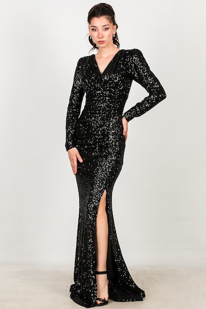 Kadın Uzun Kol Yırtmaçlı Uzun Abiye  Siyah 6