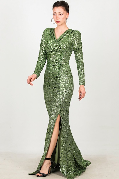 Kadın Uzun Kol Yırtmaçlı Uzun Abiye 