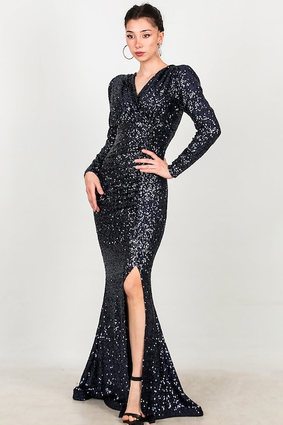 Kadın Uzun Kol Yırtmaçlı Uzun Abiye 