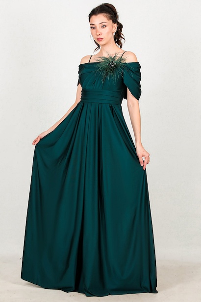 Kadın Göğsü Tül Detay Düşük Omuz Abiye 