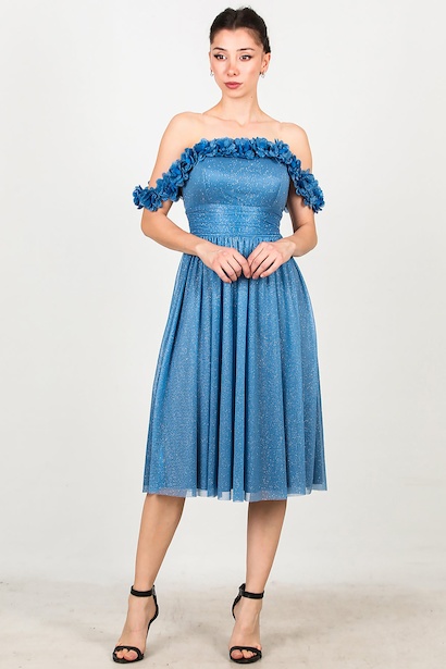 Kadın Yaka Çevresi Çiçekli Simli Kol Tül Abiye 