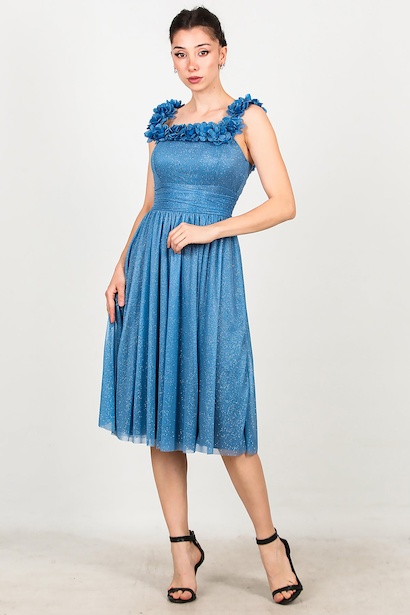 Kadın Yaka Çevresi Çiçekli Simli Kol Tül Abiye  Mavi 6