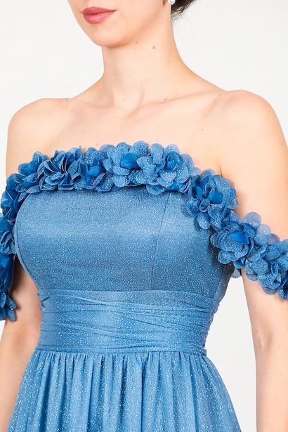 Kadın Yaka Çevresi Çiçekli Simli Kol Tül Abiye  Mavi 9