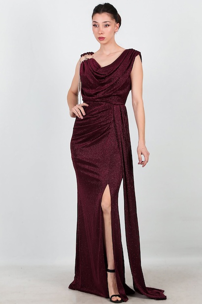 Kadın Omuz Aksesuar Detay Kolsuz Uzun Abiye 