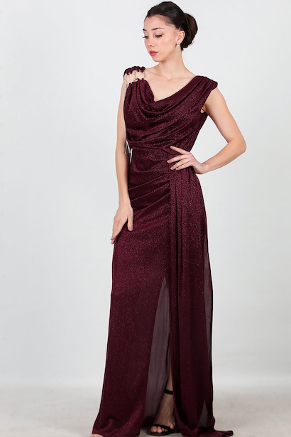 Kadın Omuz Aksesuar Detay Kolsuz Uzun Abiye  Bordo 6