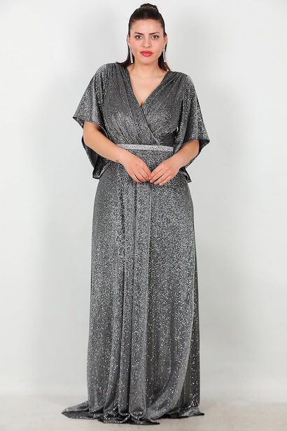 Büyük Beden Beli Taş Şeritli Uzun Abiye  Gümüş 6