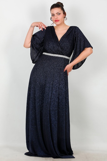 Büyük Beden Beli Taş Şeritli Uzun Abiye 