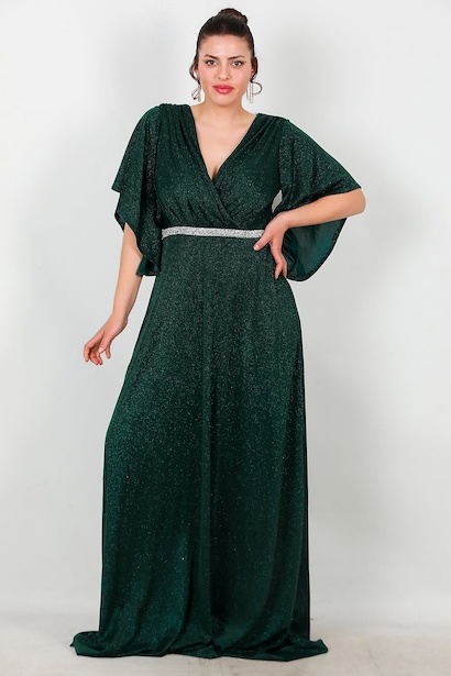 Büyük Beden Beli Taş Şeritli Uzun Abiye 