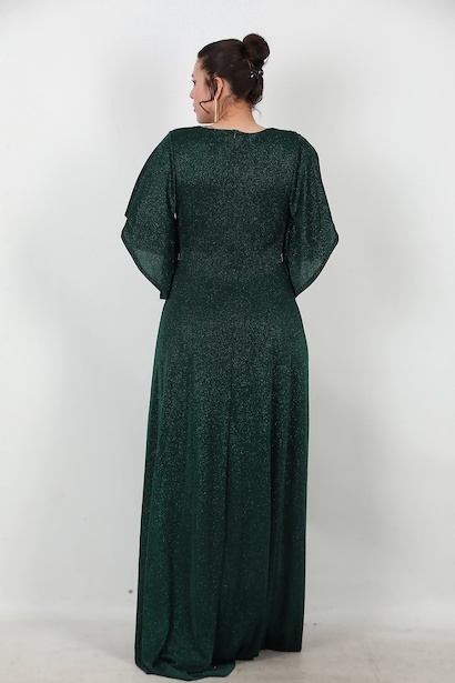 Büyük Beden Beli Taş Şeritli Uzun Abiye  Zümrüt 6