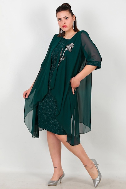 Büyük Beden Çiçek Taş Detay Kısa Abiye 