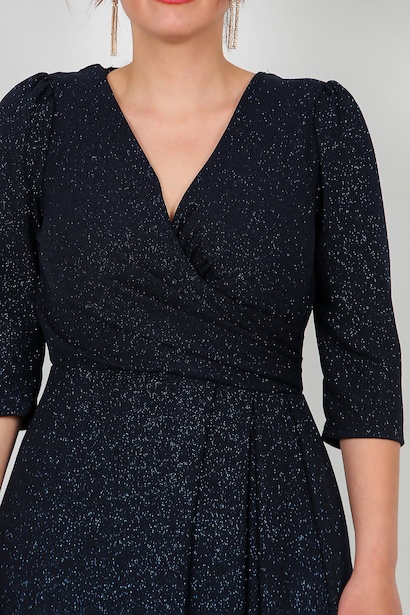 Büyük Beden Dirsek Kol Simli Uzun Abiye  Lacivert 6