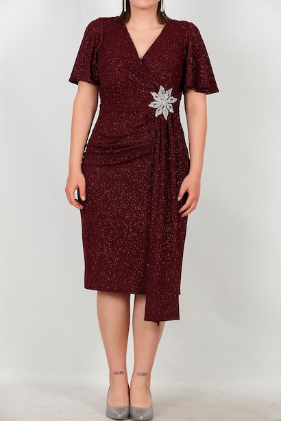Büyük Beden Beli Çicek Taşlı Midi Boy Abiye  Bordo 6
