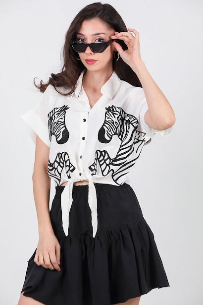 Kadın Zebra İşlemeli Ön Bağlamalı Gömlek 