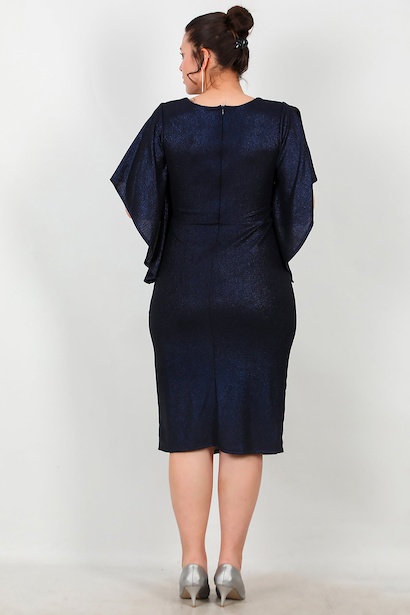 Büyük Beden Bel Aksesuarlı Kol Detaylı Midi Boy Abiye  Lacivert 6