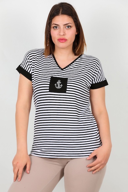 Büyük Beden Çapa Taş İşlemeli Çizgili Bluz 