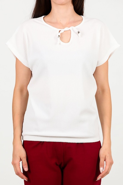 Kadın Önü Bağlama Krinkıl Bluz  Ekru 6