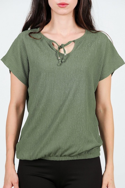 Kadın Önü Bağlama Krinkıl Bluz  Haki 6