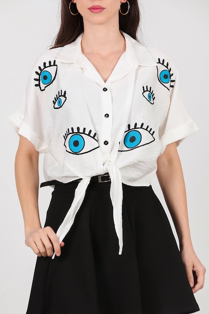 Kadın Göz Nakışlı Ön Bağlamalı Gömlek  Ekru 6