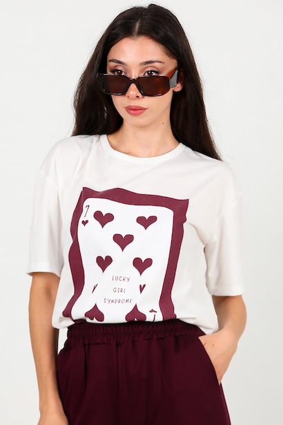 Kadın Baskılı Bisiklet Yaka Tshırt 