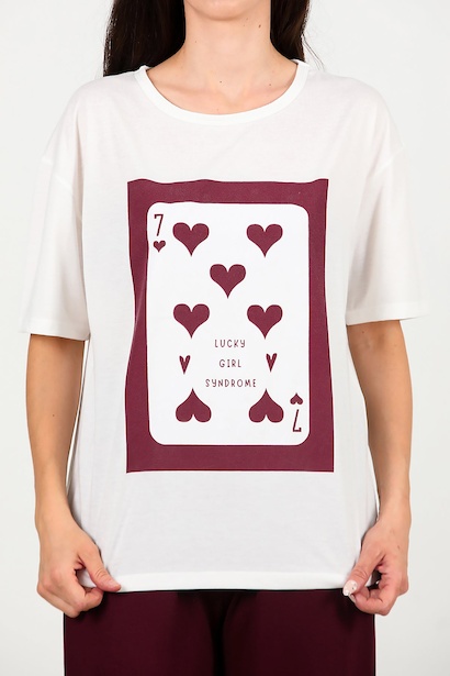 Kadın Baskılı Bisiklet Yaka Tshırt  Ekru 6