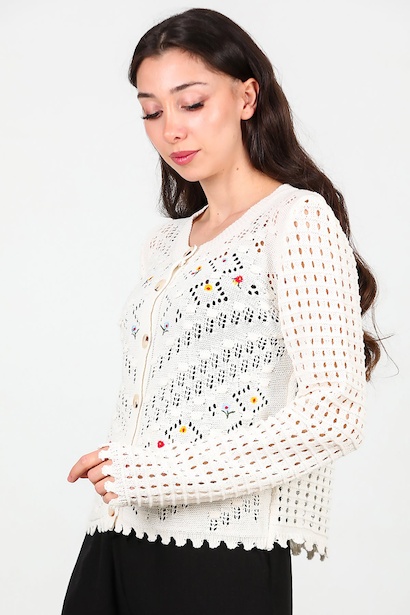 Kadın İşlemeli Kısa Hırka  Ekru 6