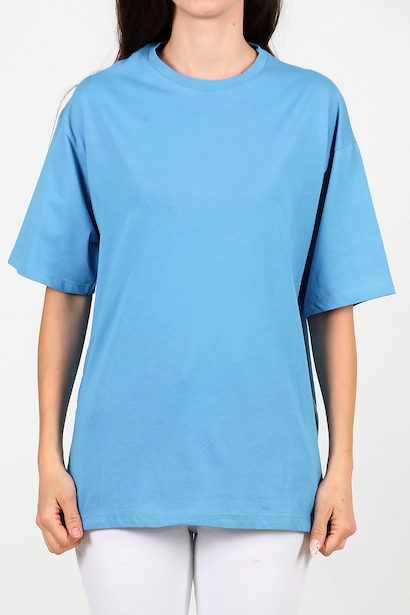 Kadın Bisiklet Yaka Oversize Tshırt  Mavi 6