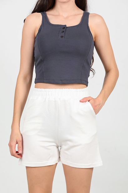 Kadın Cepli Penye Şort  Ekru 6