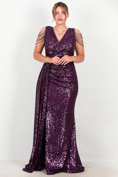 Büyük Beden Omuz Zincir Detay Uzun Pullu Abiye 