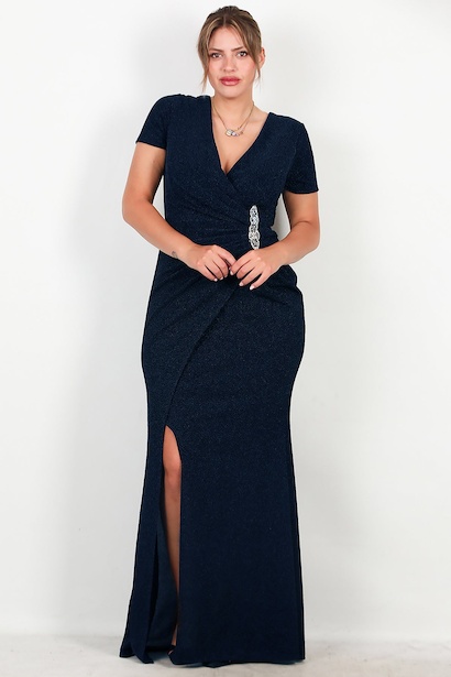 Büyük Beden Beli Taşlı Kısa Kol Uzun Simli Abiye 