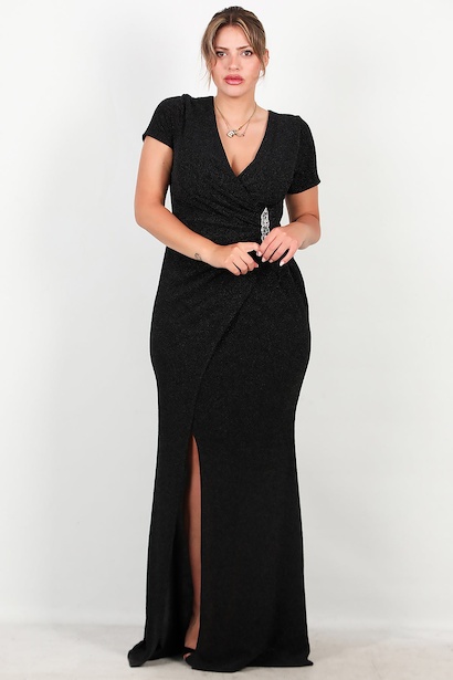 Büyük Beden Beli Taşlı Kısa Kol Uzun Simli Abiye 