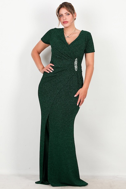 Büyük Beden Beli Taşlı Kısa Kol Uzun Simli Abiye 