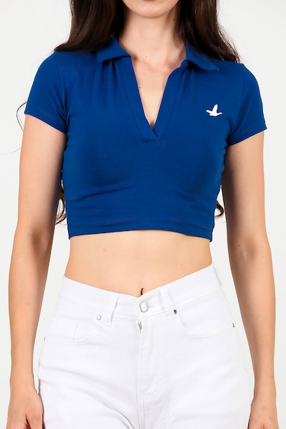 Kadın Polo Yaka Kısa Bluz  Saks 6
