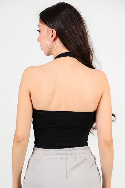 Kadın Boyundan Geçmeli Kısa Bluz  Siyah 6