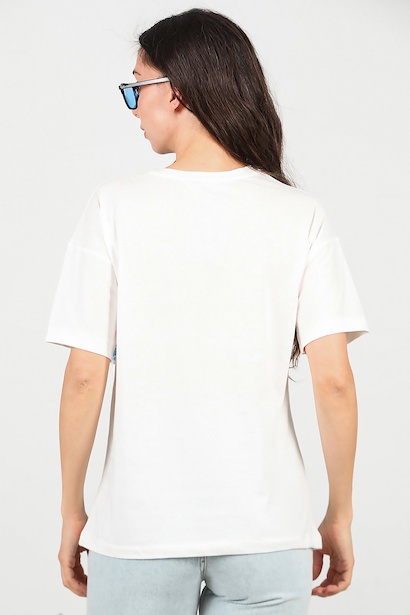 Kadın Kot Cep İncili T-shırt  Beyaz 6