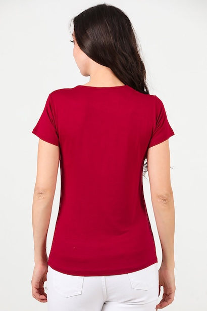 Kadın V Yaka T-shirt  Bordo 6