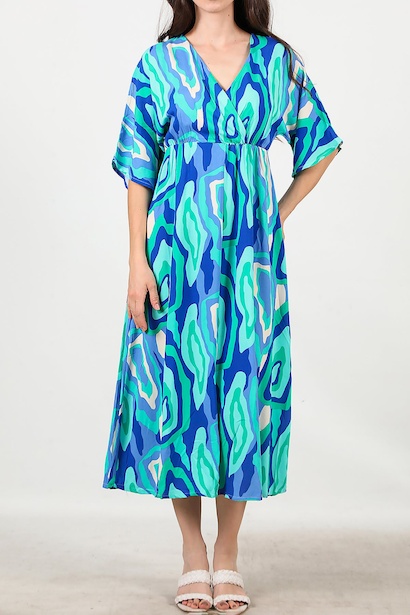 Kadın Kluveze Yaka Yırtmaçlı Elbise  Mavi 6