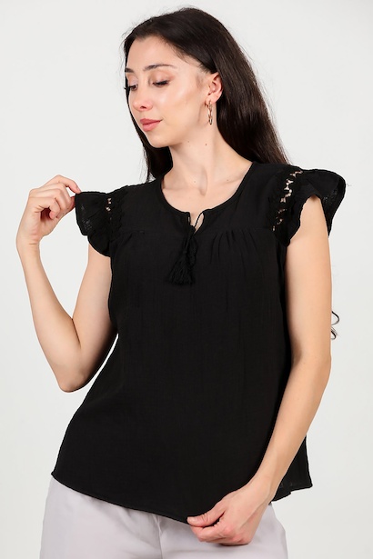 Kadın Önü Bağlama Kolları Güpürlü Bluz 