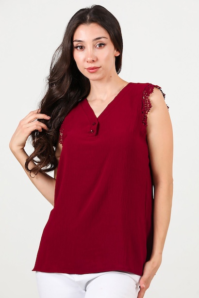 Kadın Kol Dantel Yaka Düğmeli Bluz 