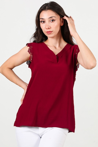 Kadın Kol Dantel Yaka Düğmeli Bluz  Bordo 6
