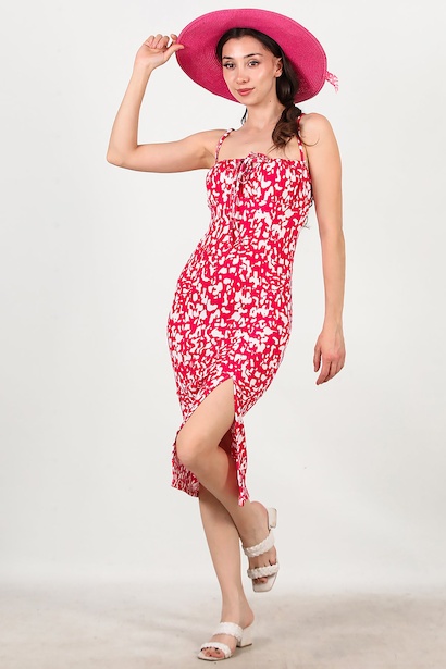 Kadın Yırtmaçlı Askılı Krınkıl Elbise 