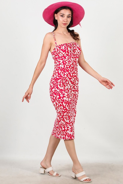 Kadın Yırtmaçlı Askılı Krınkıl Elbise  Fuşya 6