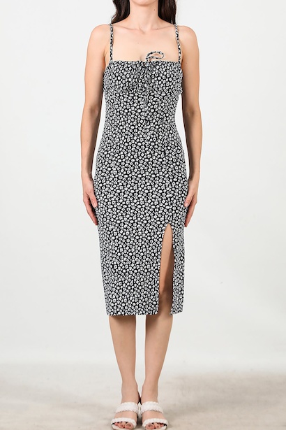 Kadın Yırtmaçlı Askılı Krınkıl Elbise  Lacivert 6