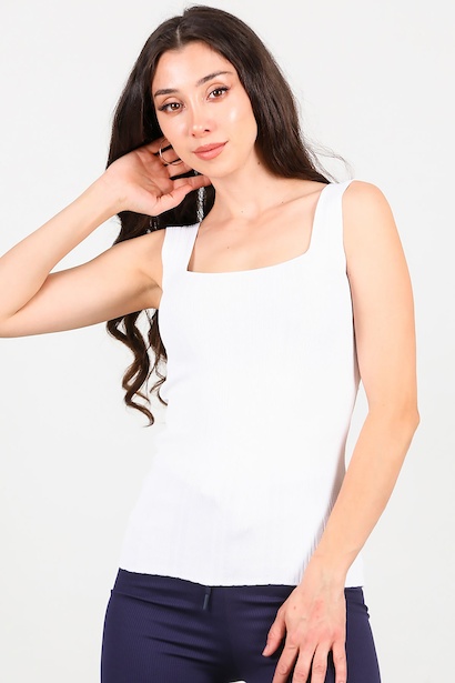 Kadın Kare Yaka Fitilli Triko  Ekru 6