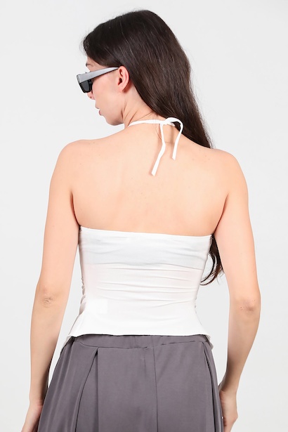 Kadın Boyundan Bağlamalı Önü Büzmeli Bluz  Ekru 6