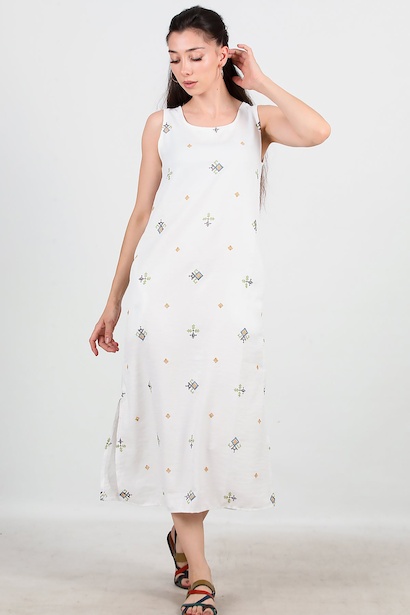 Kadın Kalın Askılı Nakışlı Elbise  Ekru 6