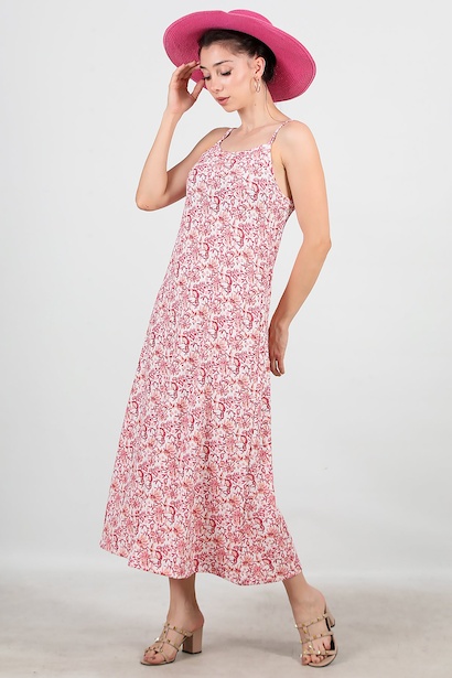 Kadın İp Askılı Desenli Uzun Elbise 