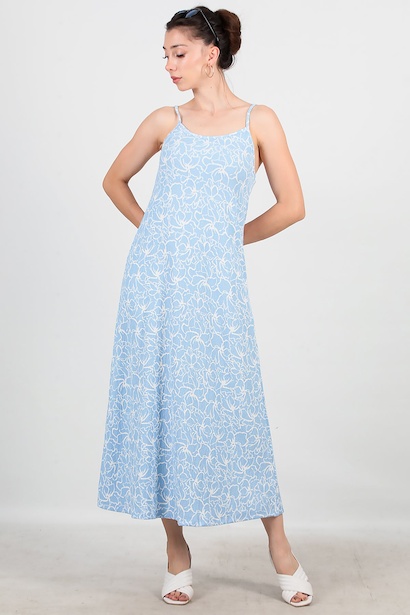 Kadın İp Askılı Desenli Uzun Elbise 