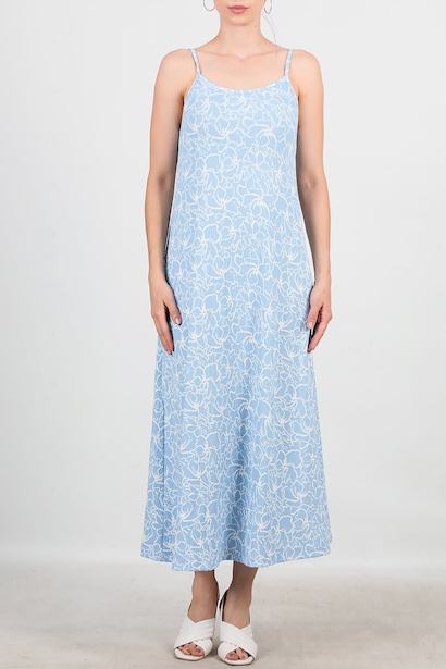 Kadın İp Askılı Desenli Uzun Elbise  Mavi 6